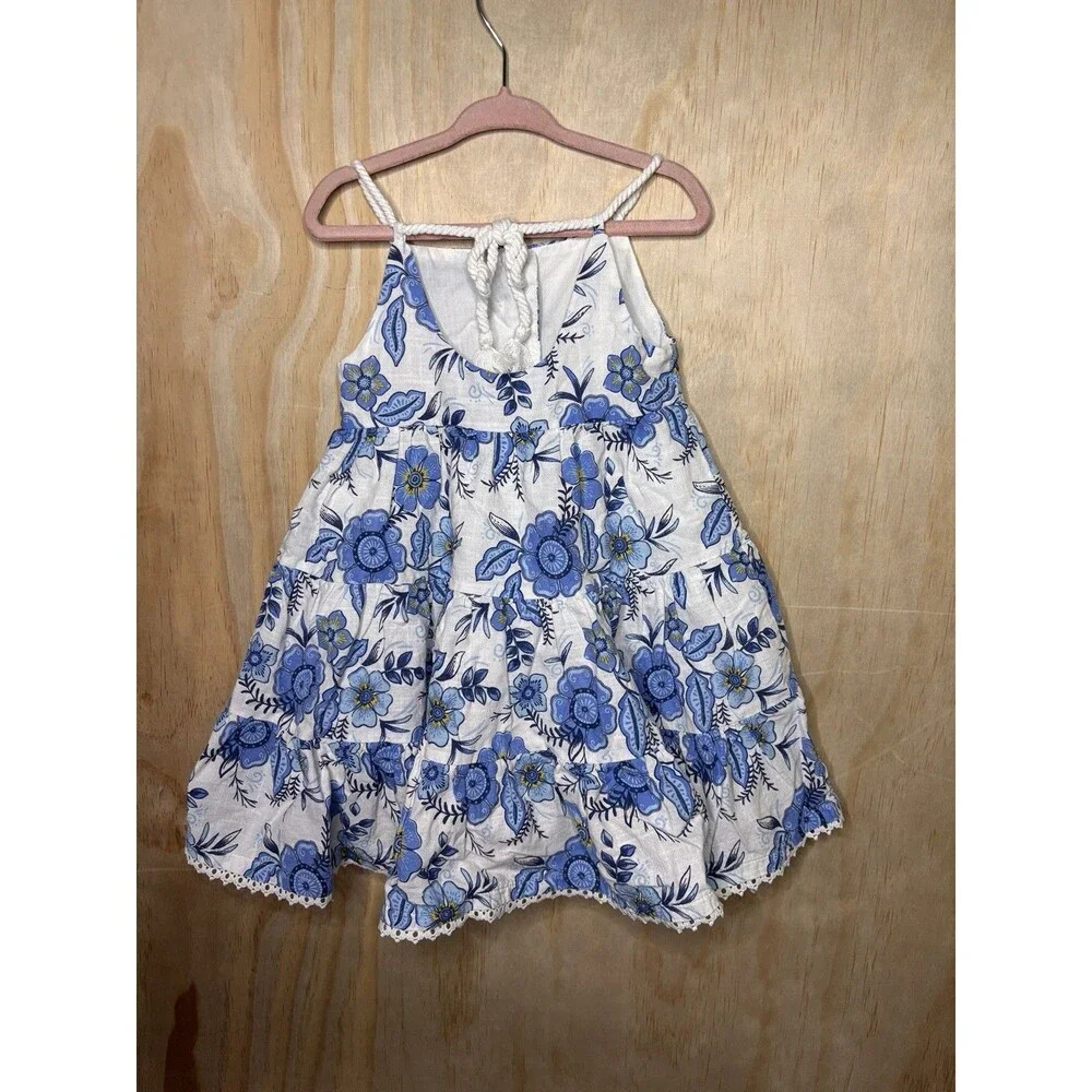 Girls Hauti Hippie sundress Size 5 white blue floral ruffles lined lace feminine